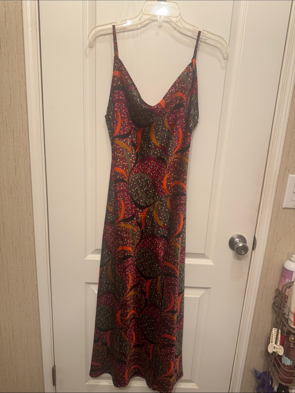 Cowl-Neck Maxi Slip Dress in Multicolor Swirl Print
